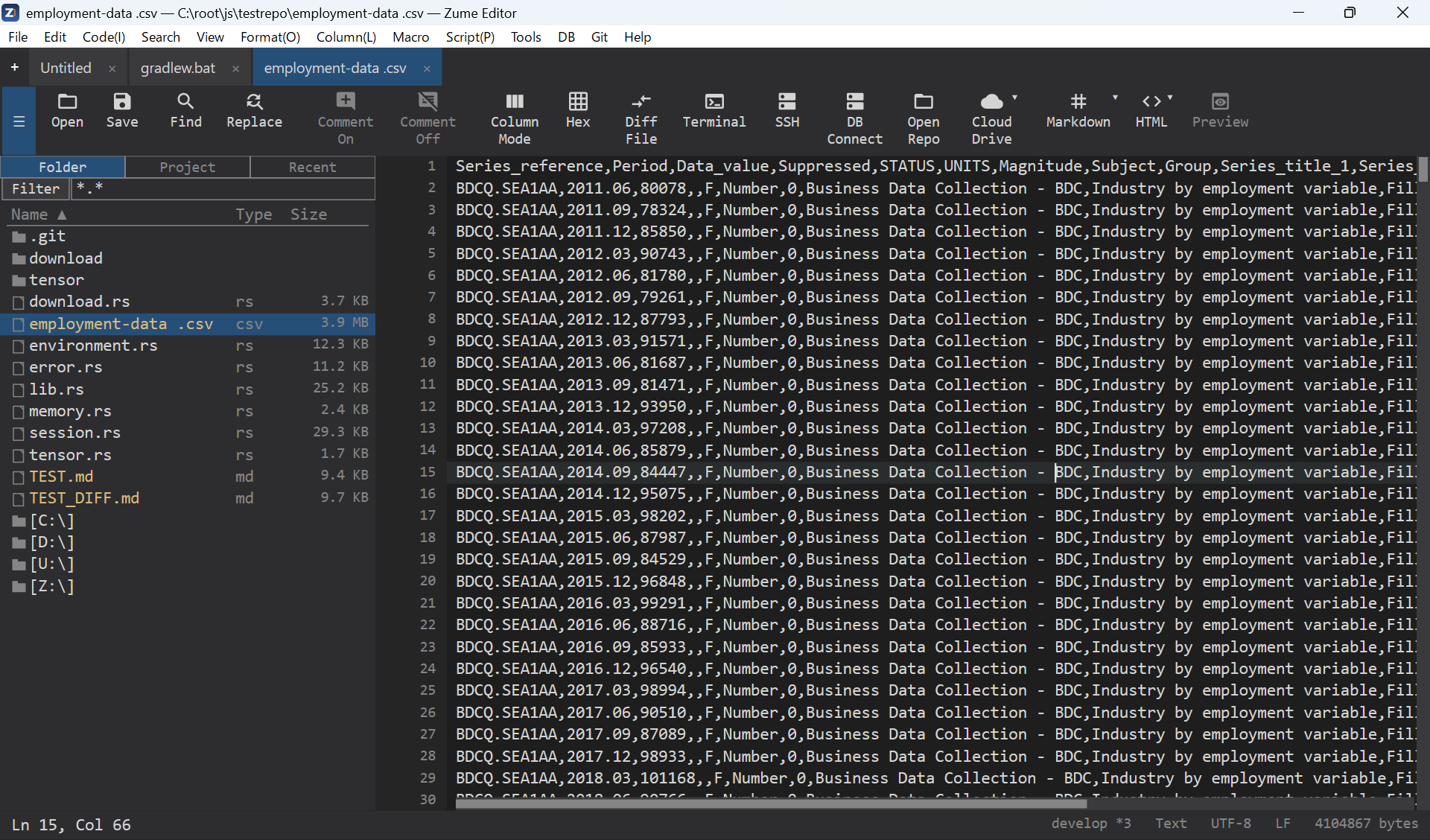 A CSV file shown as a grid