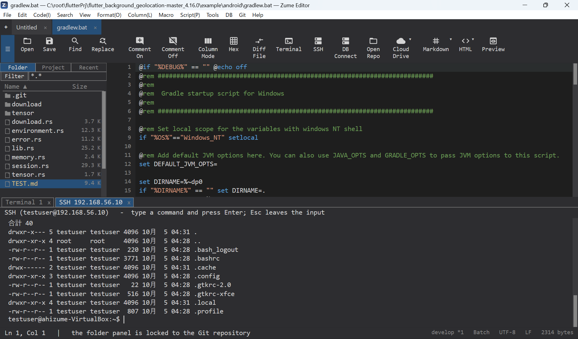An SSH session in a panel